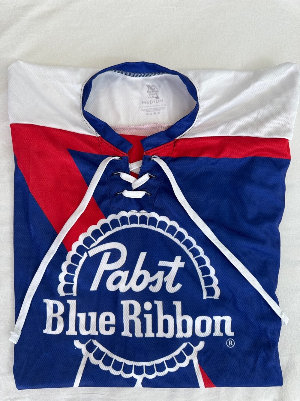 Pabst Blue Ribbon Men’s Lace-Up Hockey Jersey in Blue/Red/White